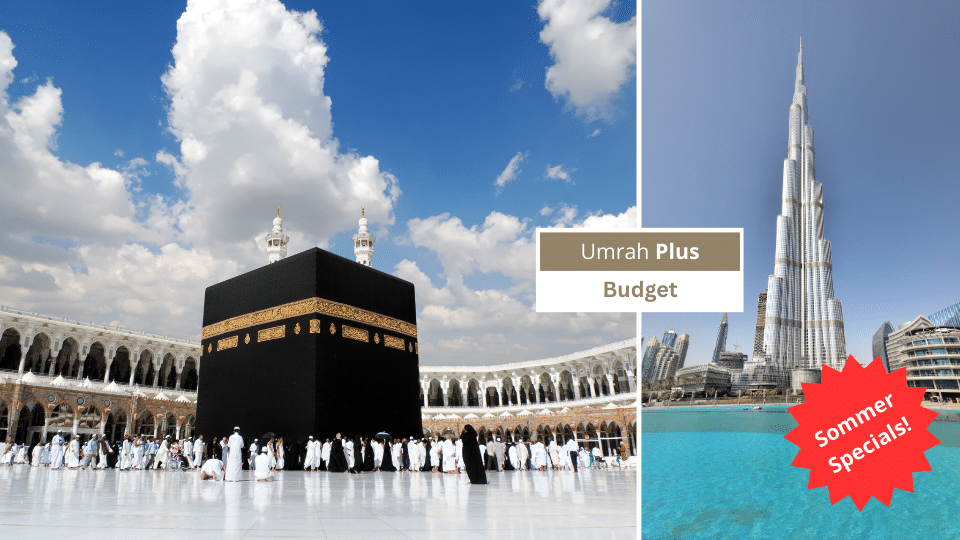 Kaaba in Makkah und Burj Khalifa in Dubai mit Badge „Umrah Plus – Budget“ und "Sommer Special"