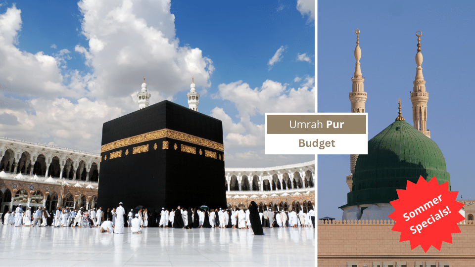Kaaba in Makkah und Prophetenmoschee in Madinah mit Badge „Umrah Pur – Budget“ und "Sommer Special