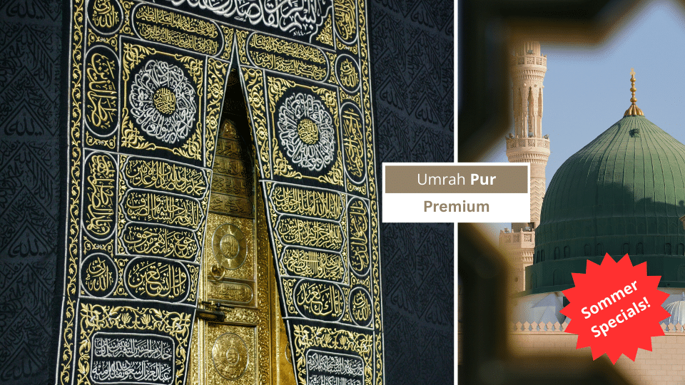 Kaaba in Makkah und Prophetenmoschee in Madinah mit Badge „Umrah Pur – Premium“ und "Sommer Special